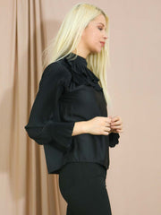 Satin Falten -Rüschenhals und Ärmeln oben