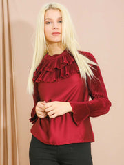 Satin Falten -Rüschenhals und Ärmeln oben