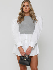 Puff Sleeve Ribbed Shirt Dress