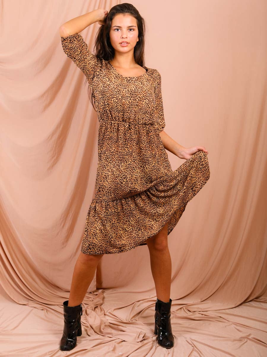 Wholesale Leopard Print Frill Tiered Smock Midi Dress – Stylewise