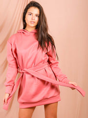 Oversized Fleeced Belted Hoodie Dress