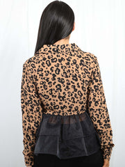 Leopard Print Shirt Top With Organza Hem