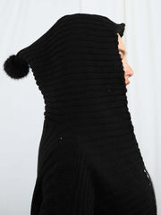 Pom Pom Hood Ribbed Knitted Cardigan
