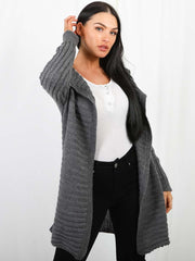 Pom Pom Hood Ribbed Knitted Cardigan