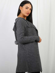 Pom Pom Hood Ribbed Knitted Cardigan