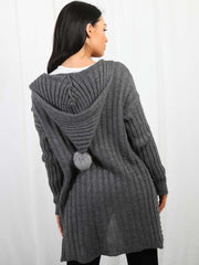 Pom Pom Hood Ribbed Knitted Cardigan