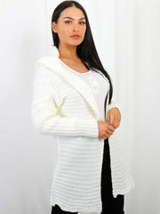 Pom Pom Hood Ribbed Knitted Cardigan