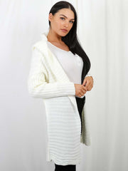 Pom Pom Hood Ribbed Knitted Cardigan