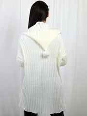 Pom Pom Hood Ribbed Knitted Cardigan