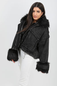 Oversized Faux Fur Lined Denim Jacket - Black