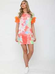 Tie-Dye Frill Mesh Sleeve Dress