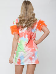 Tie-Dye Frill Mesh Sleeve Dress