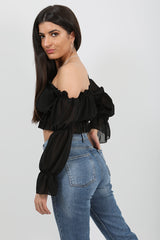 Off Shoulder Ruched Frill Crop Top