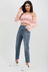 Polka Dot Mesh Bardot Crop Top