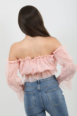 Polka Dot Mesh Bardot Crop Top