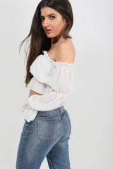 Off Shoulder Ruched Frill Crop Top