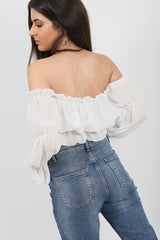 Off Shoulder Ruched Frill Crop Top