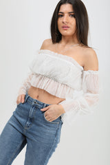 Polka Dot Mesh Bardot Crop Top