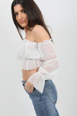 Polka Dot Mesh Bardot Crop Top