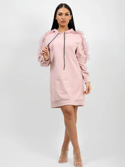 Mesh Frill Sleeve Hoodie Jumper Dress
