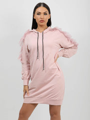 Mesh Frill Sleeve Hoodie Jumper Dress