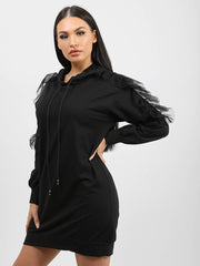 Mesh Frill Sleeve Hoodie Jumper Dress