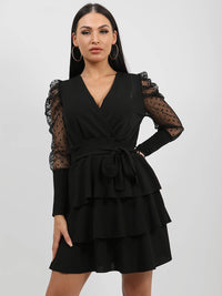 Polka Dot Belted Frill Layered Dress - Black
