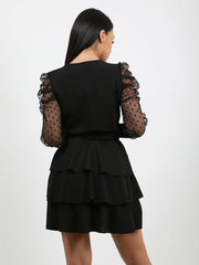 Polka Dot Belted Frill Layered Dress