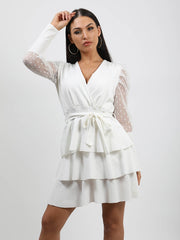 Polka Dot Belted Frill Layered Dress