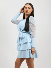 Polka Dot Belted Frill Layered Dress