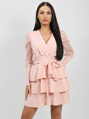 Polka Dot Belted Frill Layered Dress