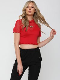 Vlinder geborduurd gaas crop top - Red