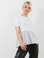 Polka Dot Print Satin Frill Hem Top