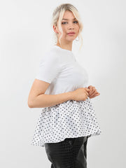 Polka Dot Print Satin Frill Hem Top