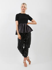 Polka Dot Print Satin Frill Hem Top