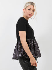 Polka Dot Print Satin Frill Hem Top