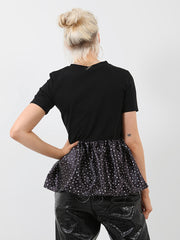 Polka Dot Print Satin Frill Hem Top