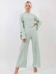 Button Detail Sleeve Ribbed Top & Trouser Co-ord