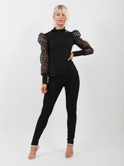 Leopard Print Organza Sleeve Ribbed Co-ord