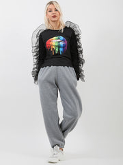 Organza Ruffle Sleeve Lip Print Top