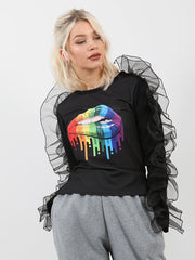 Organza Ruffle Sleeve Lip Print Top