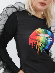 Organza Ruffle Sleeve Lip Print Top