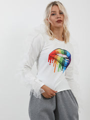 Organza Ruffle Sleeve Lip Print Top