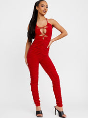Halter Cut Out Front Slinky Ruched Jumpsuit