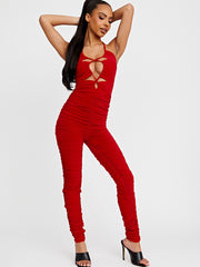 Halter Cut Out Front Slinky Ruched Jumpsuit