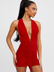 Deep Plunge Criss Cross Slinky Ruched Dress