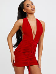 Deep Plunge Criss Cross Slinky Ruched Dress