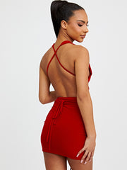 Deep Plunge Criss Cross Slinky Ruched Dress