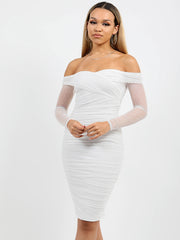 Polka Dot Ruched Mesh Bardot Dress