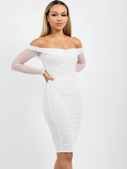 Polka Dot Ruched Mesh Bardot Dress